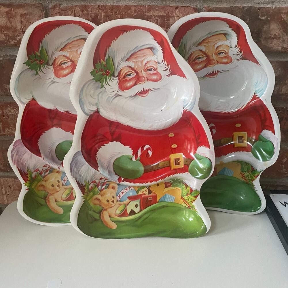 Vintage Christmas Santa Claus Serving Tray Plastic Divided Dish Candy Set of 3